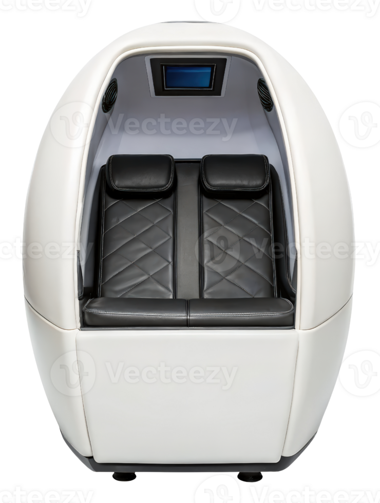 Relaxation pod with a black leather seat inside on a transparent background png