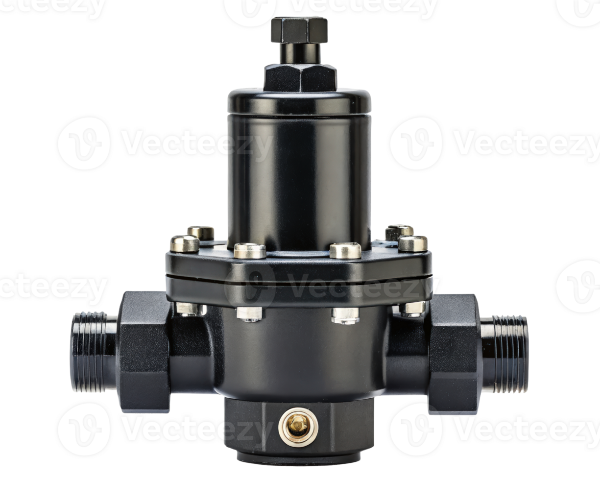 A black pressure regulator controls fluid on a transparent background png