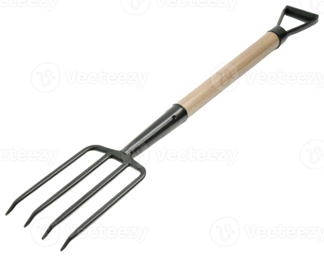 A garden fork with a wooden handle on a transparent background png