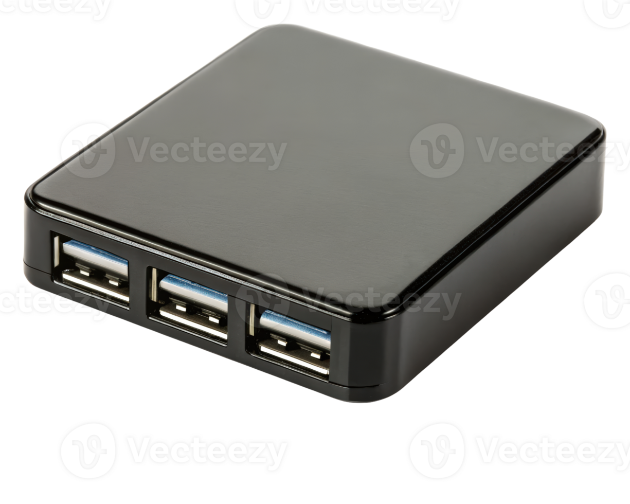 A black USB hub with multiple ports allows device connectivity on a transparent background png