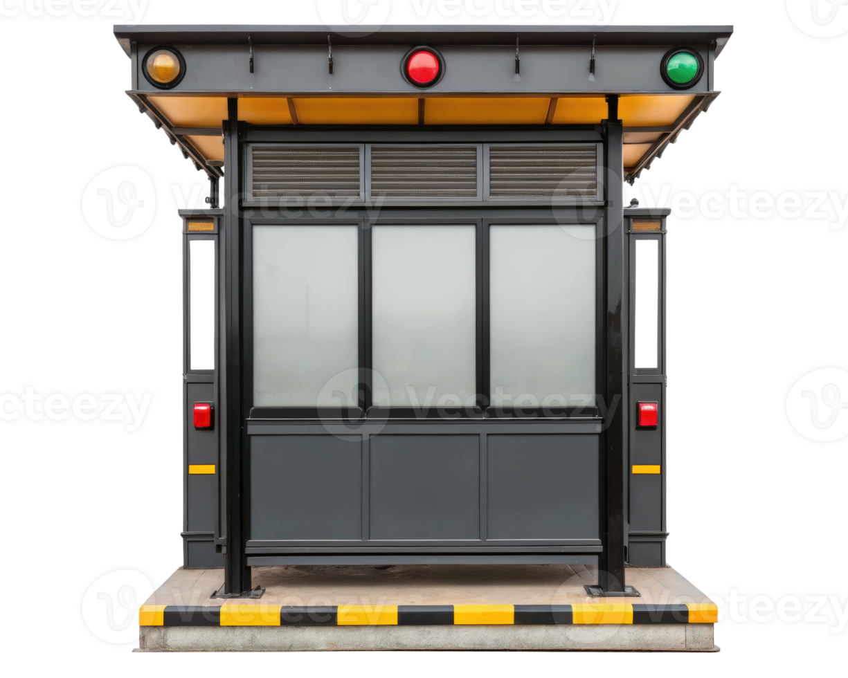 Security booth with traffic lights monitors entry on a transparent background png