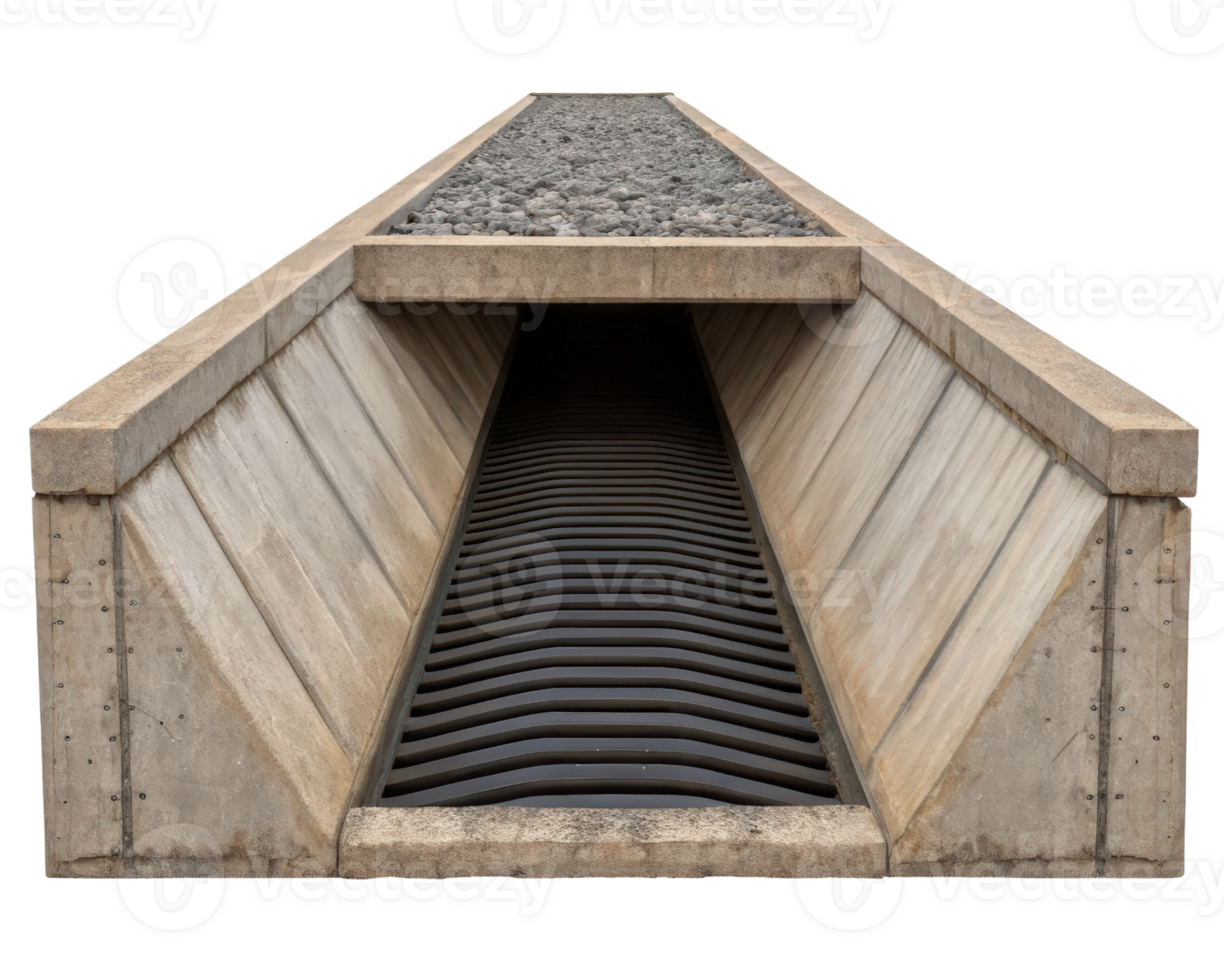 A concrete drainage ditch with a grate manages water runoff on a transparent background png