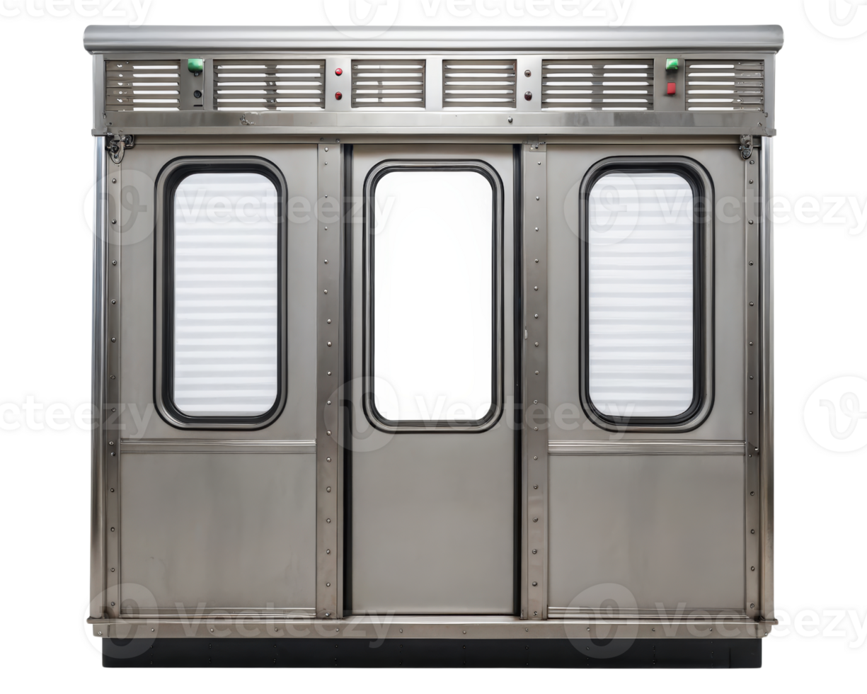 Silver metal three panel door with window inserts on a transparent background png