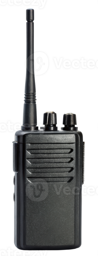 A black handheld radio provides communication on a transparent background png