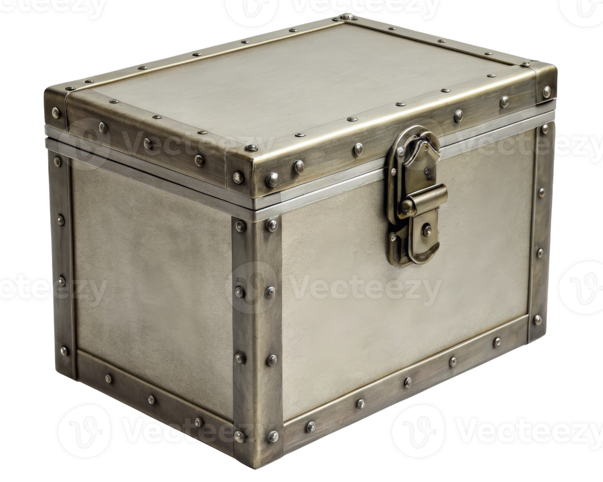 A metal storage trunk with a latch offers secure containment on a transparent background png