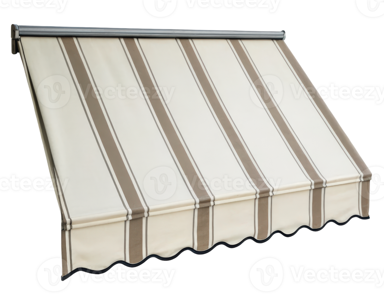A retractable awning with stripes offers shade and protection on a transparent background png