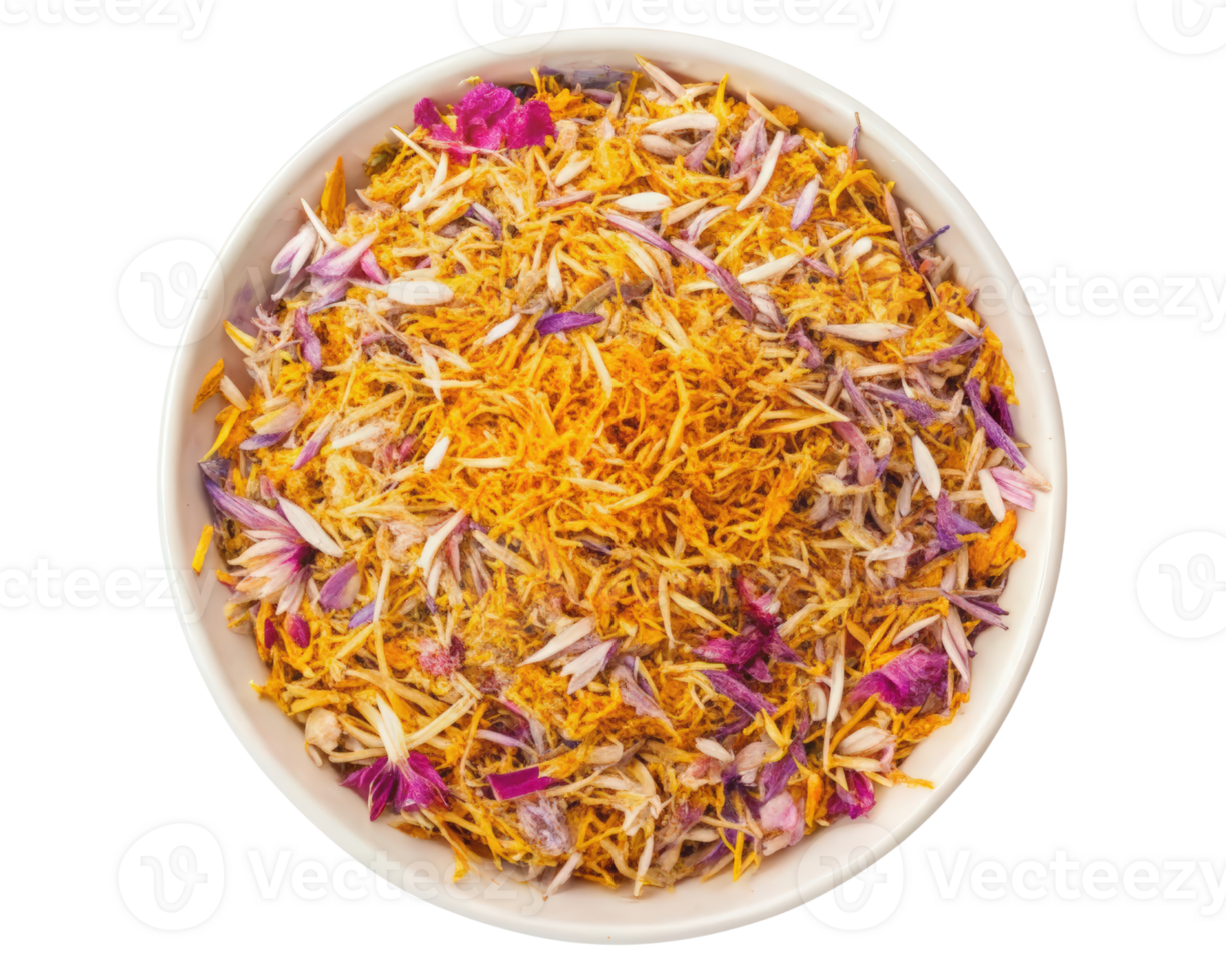 A bowl of colorful dried flower petals for crafts and decoration on a transparent background png