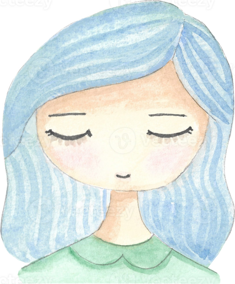 A closed eyes girl with long blue hair on green shirt that is drawn and painted by hand in watercolor cartoon style png
