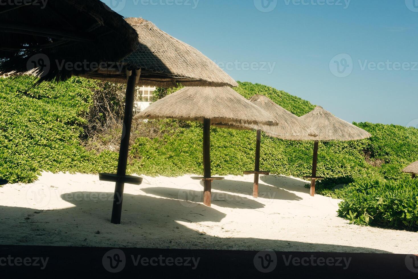 Thatched hut on a stretch of beach overlooking the Caribbean Sea. photo