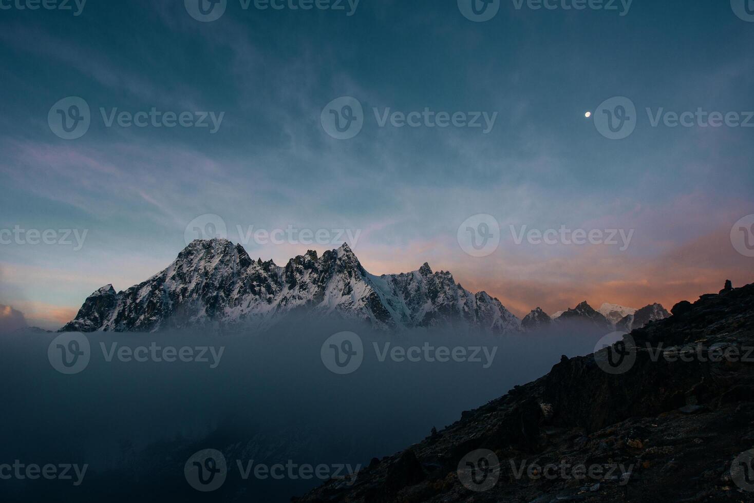 Fire on Everest. Everest mountain on sunrise, view from Gokyo Ri peak. Himalayas, Nepal,, photo