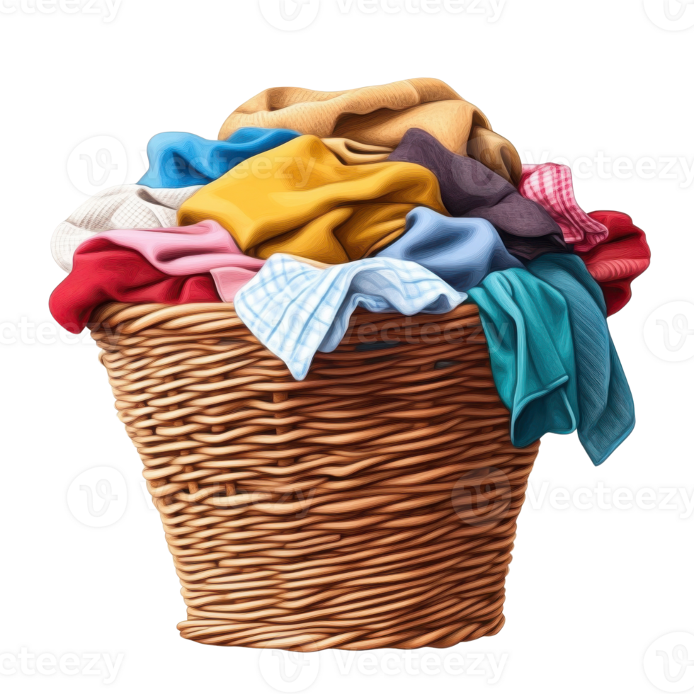 Colorful Clothes in Wicker Laundry Basket on Transparent png