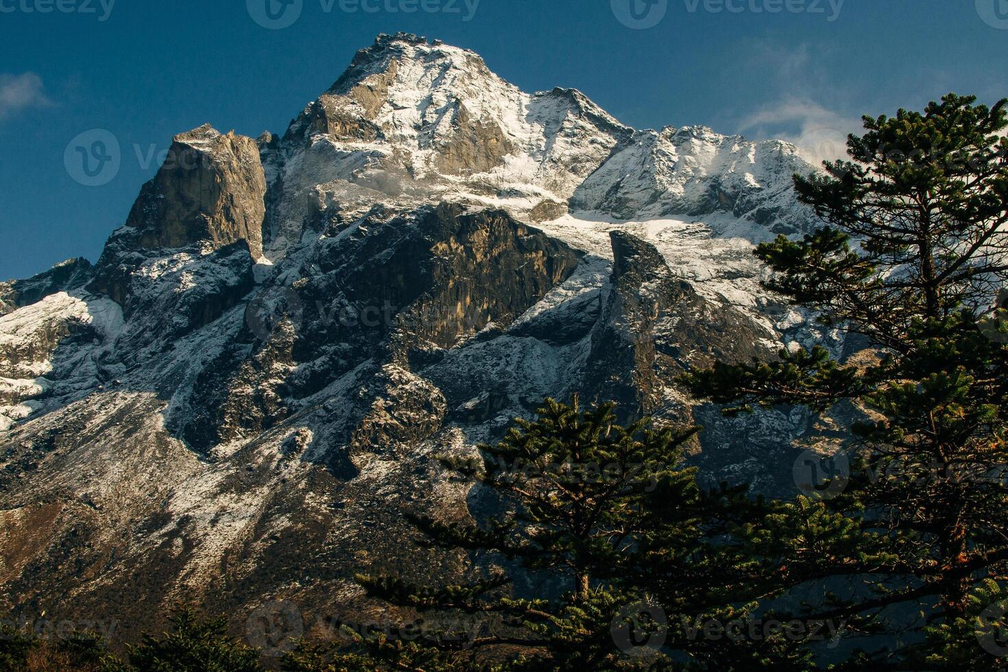 panorama view of Mount Everest massif Nuptse, Lhotse and Ama Dablam from Namche Bazar, Himalayas, Nepal, photo