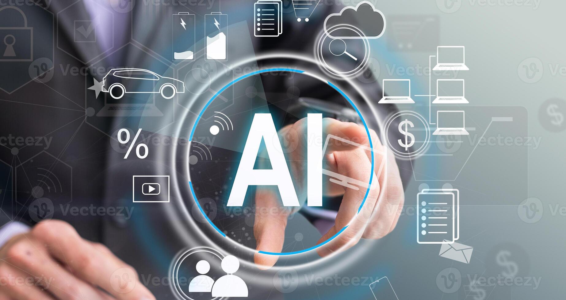 Technology and people concept man use AI to help work, AI Learning and Artificial Intelligence Concept. Business, modern technology, internet and networking concept. AI technology in everyday life. photo