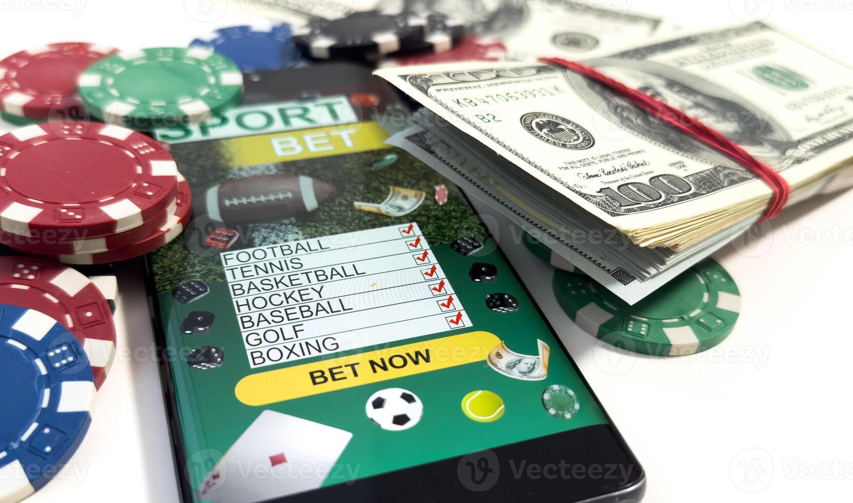 Playing cards, poker chips, and dice, the smartphone. Online casino concept. Gambling. Background. photo