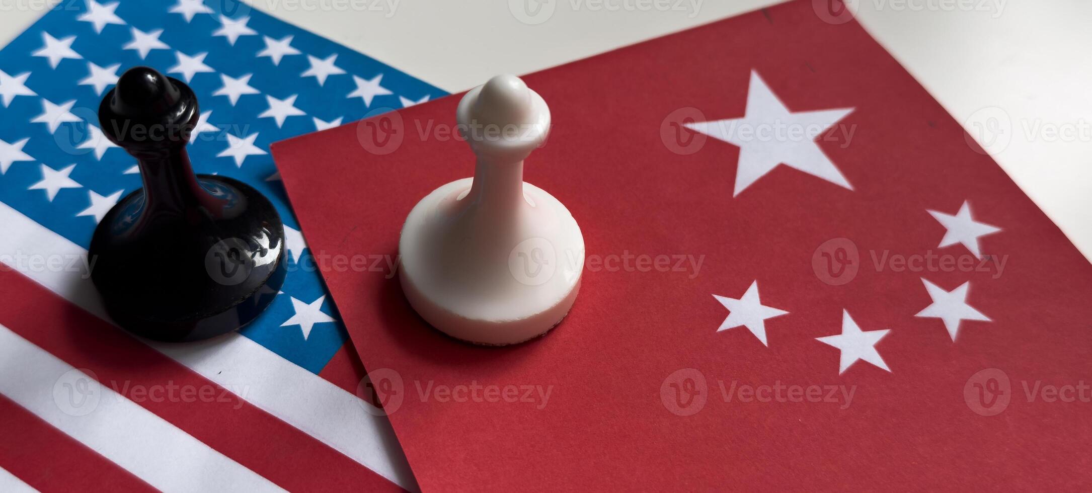 Chess game, on China and US national flags. Trade war concept. Conflict between two big countries, USA and China concept. Copy space. photo