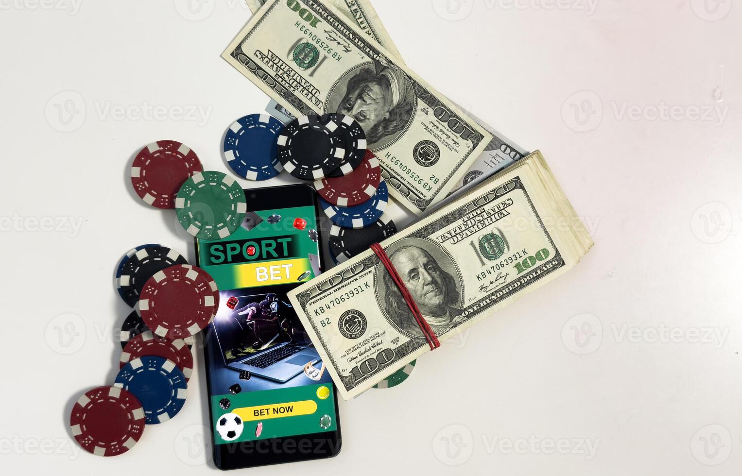 Online poker concept. Smartphone and poker chips. Poker online banner. Copy space. Vignette. Place for text. Gambling. Background photo