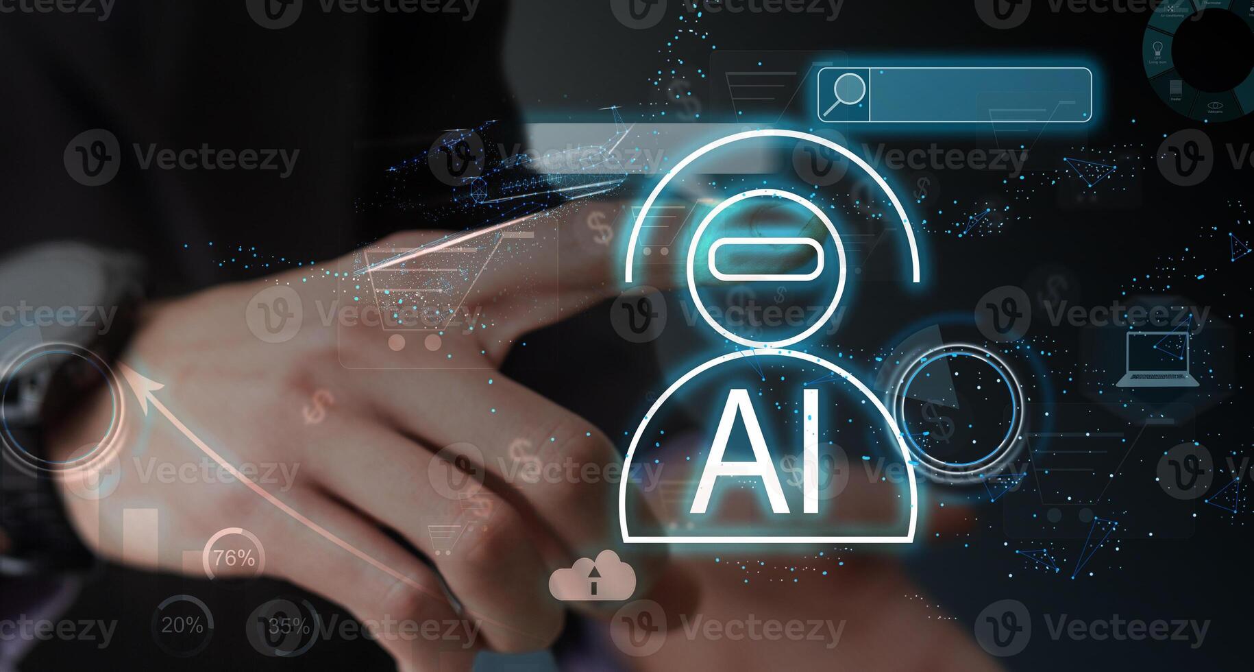 Ai tech, businessman show virtual graphic Global Internet connect robot Chat with AI, Artificial Intelligence. Using command prompt for generates something, Futuristic technology transformation. photo