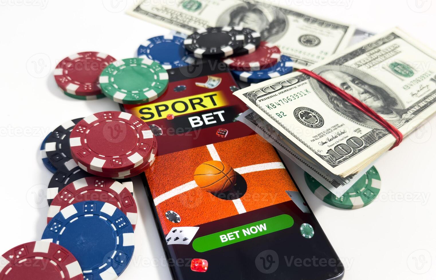 Playing cards, poker chips, and dice, the smartphone. Online casino concept. Gambling. Background. photo