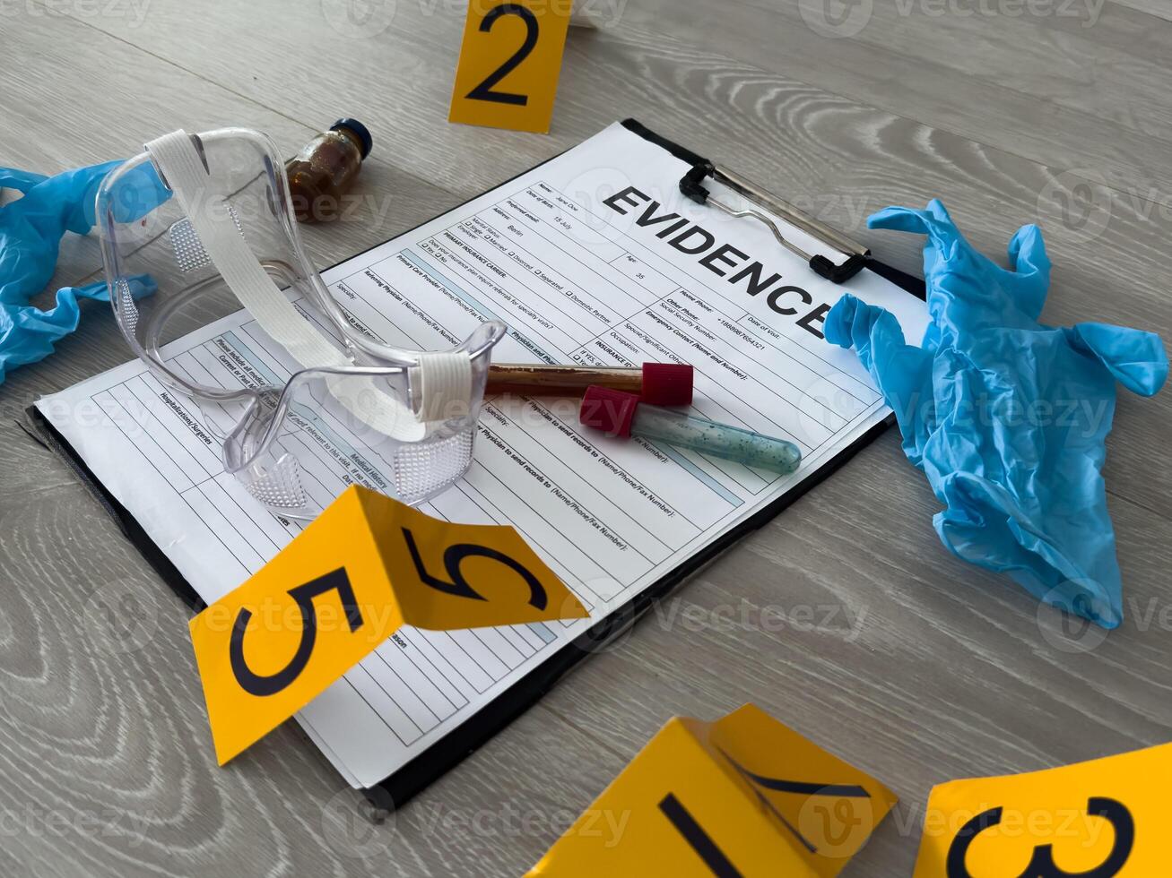 Crime scene investigation. Set of evidence identification markers and clues on white background photo