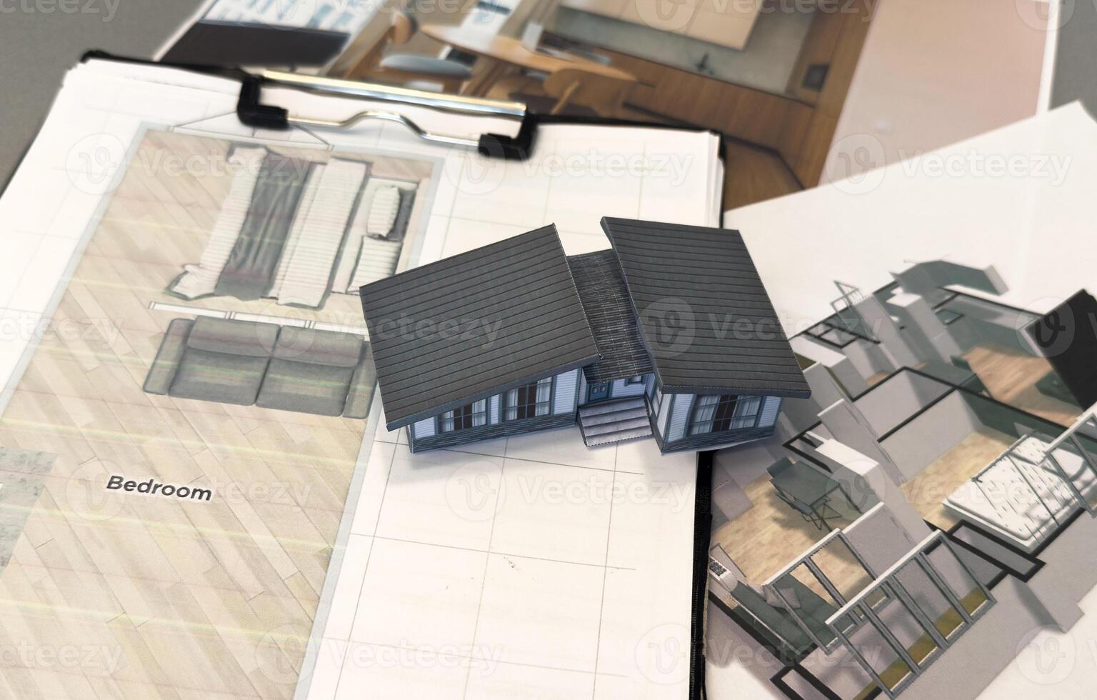 Architectural engineering design plan drawing on the table. Architect's work on table in studio. Construction design and plan photo