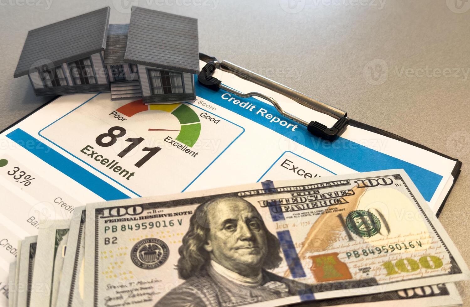 credit report showing a score. The report includes factors influencing the score and a credit score history graph photo