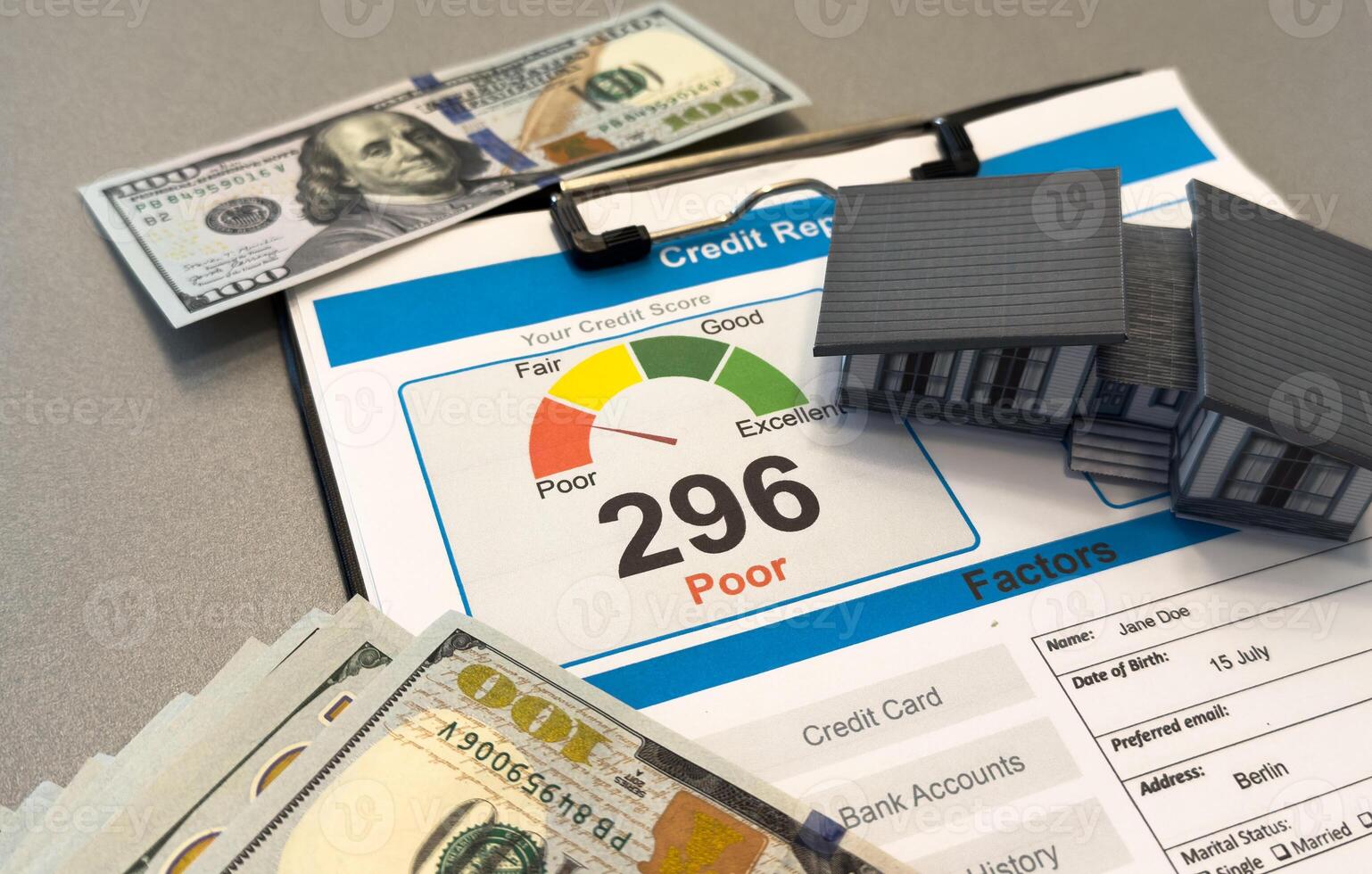 Credit score, report, rating and contract - documents on the table. photo