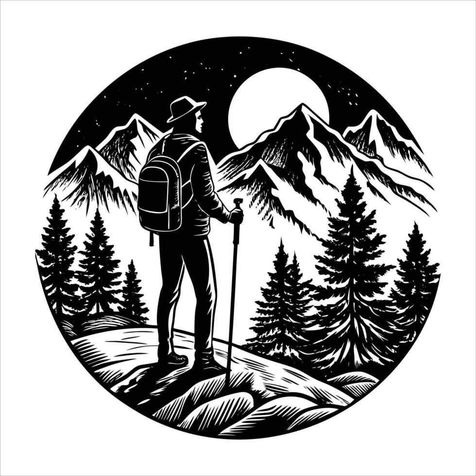 A hiking logo design with a male hiker vector