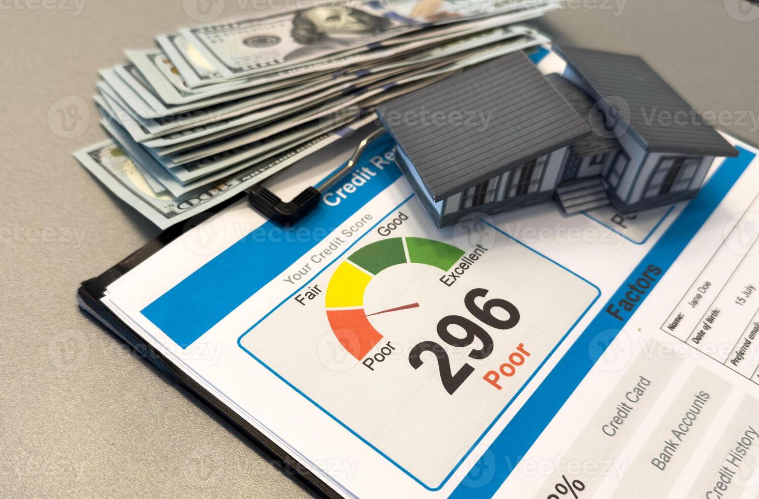 Credit score report on business report document. photo