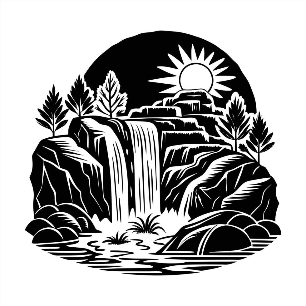 Sunlit waterfall cascading down rocks vector