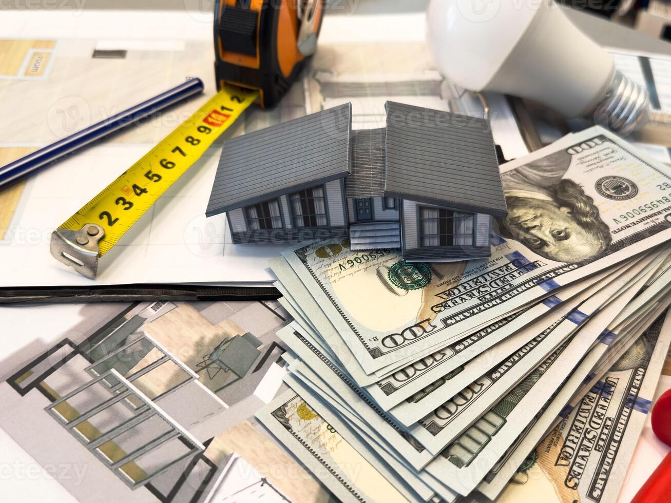 Architect workplace top view. Architectural project, blueprints, blueprint rolls on table. Construction background. Engineering tools. Copy space photo
