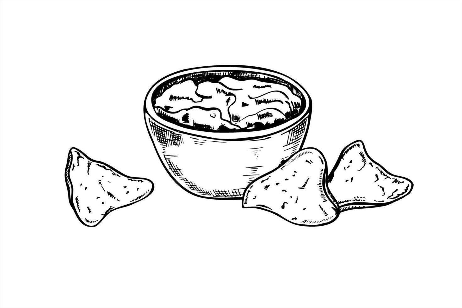 Nachos and salsa sauce bowl hand drawn realistic graphic sketch illustration. Mexican traditional triangle corn chips with guacamole dip. Fast food snack for menu design, branding design. vector