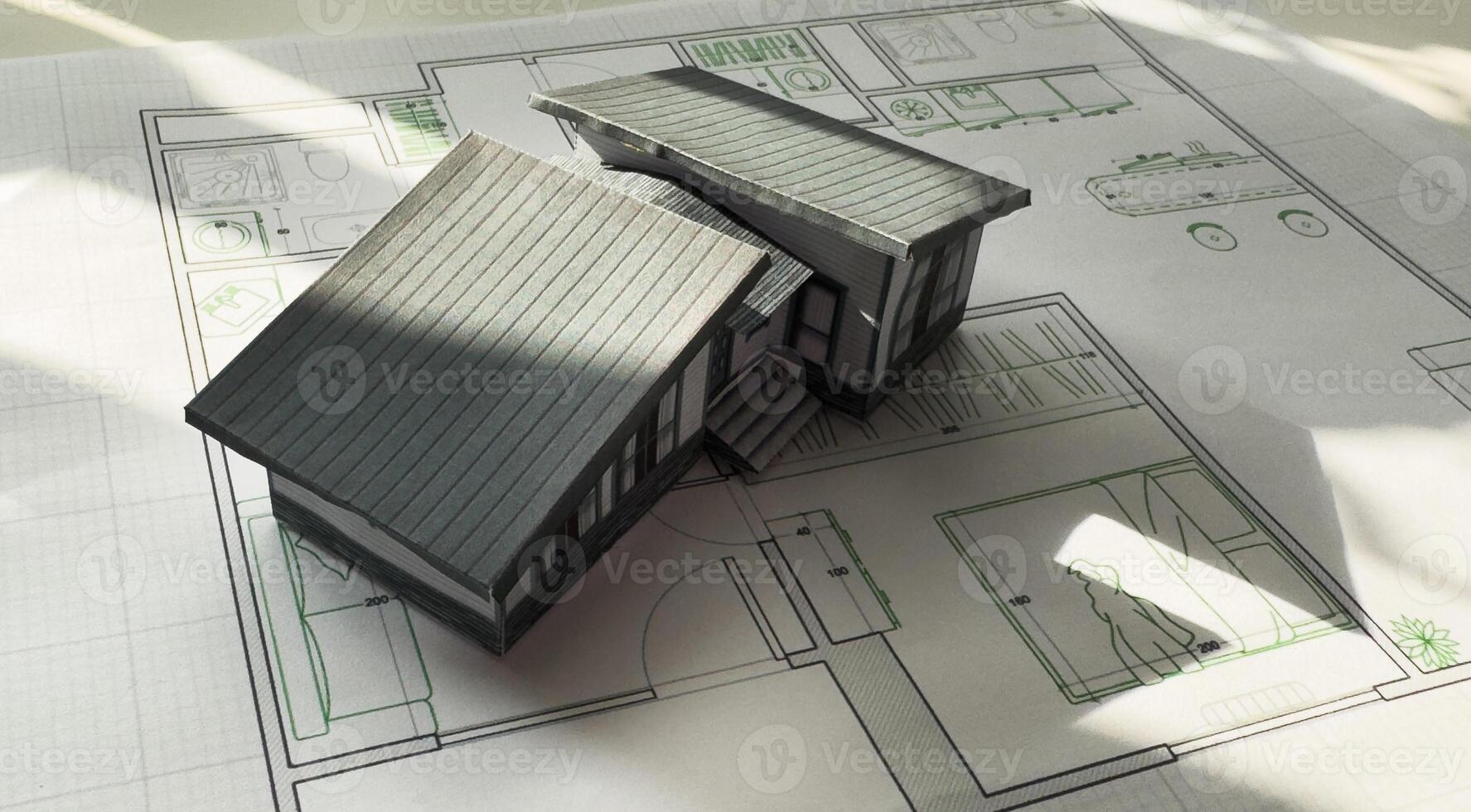 Construction blueprints concept. Residential building drawings and architectural house model on an office desk, copy space, template. Architect engineer workplace photo