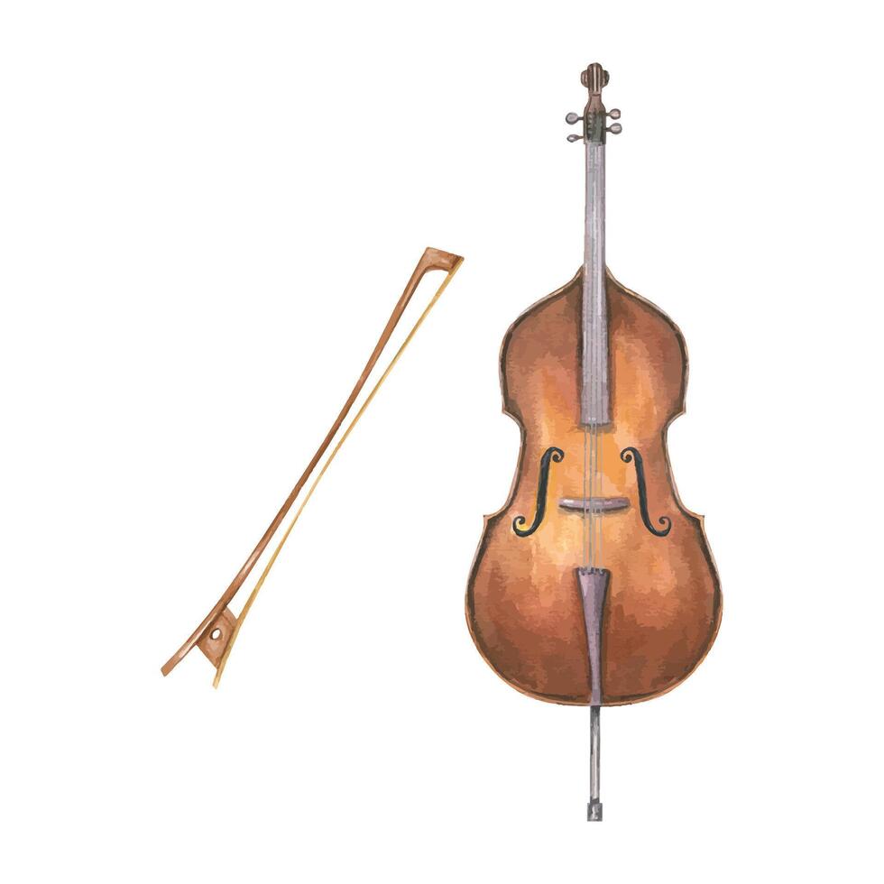 Watercolor wooden brown double bass and violin bow illustration isolated background. Classic bowed contrabass with strings and stand musical instrument. Orchestra element for jazz festival design. vector
