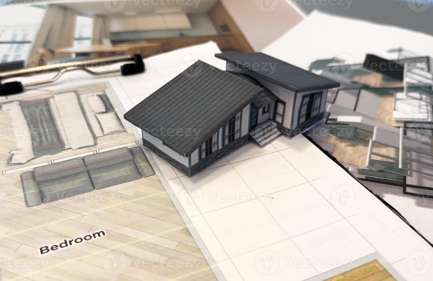 Architectural model on desk , drawing technical tools and blueprints. Architecture, building, construction and real estate business. photo
