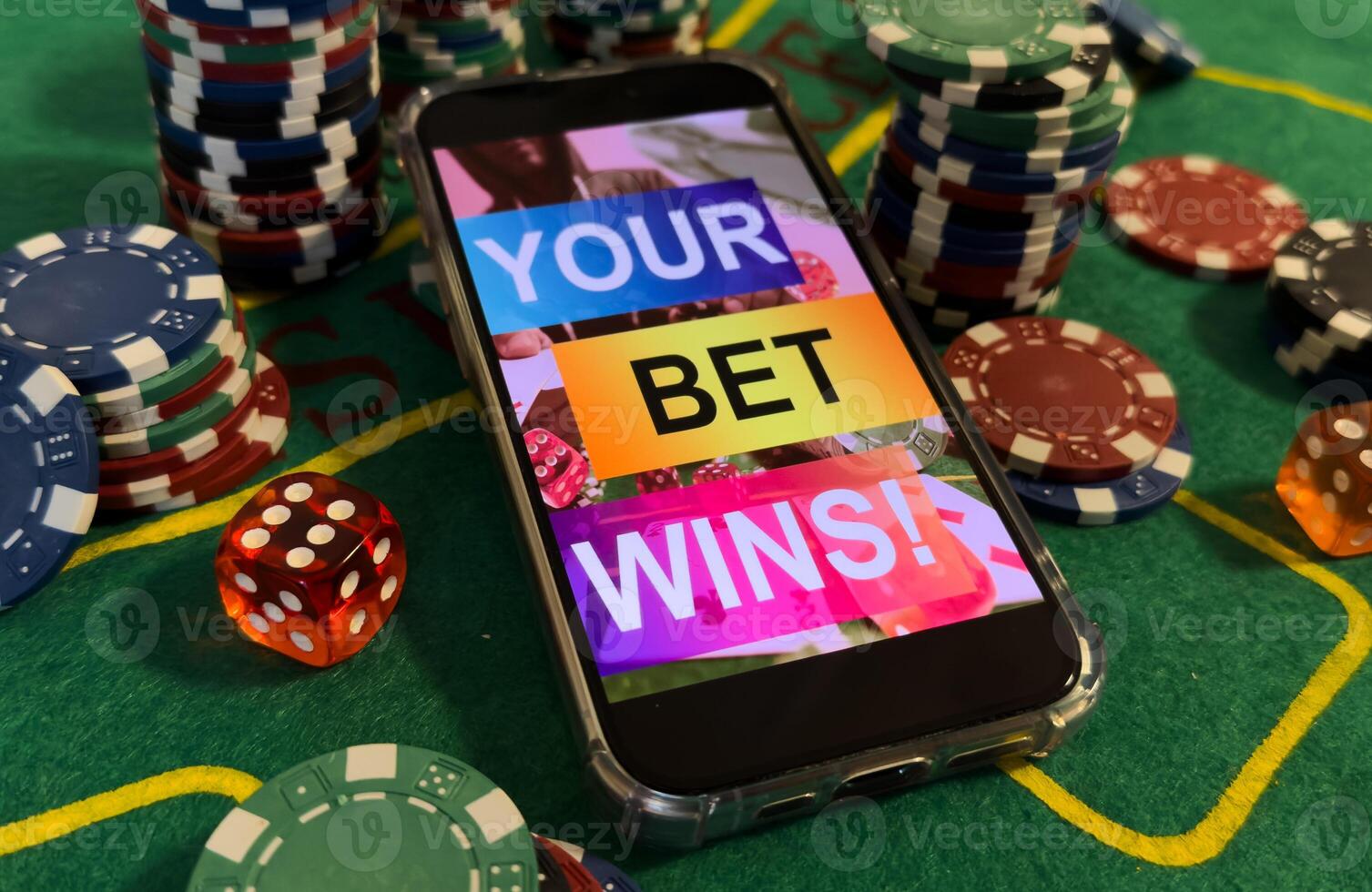 Online poker concept. Smartphone and poker chips on a green background. Poker online banner. Copy space. Vignette. Place for text. Gambling. Background photo