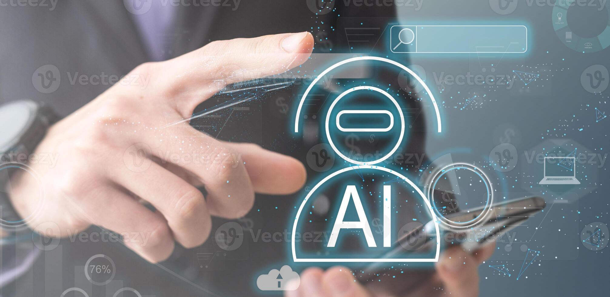 business, people, cyberspace and future technology concept - close up of businessman in suit working with virtual charts over dark background photo