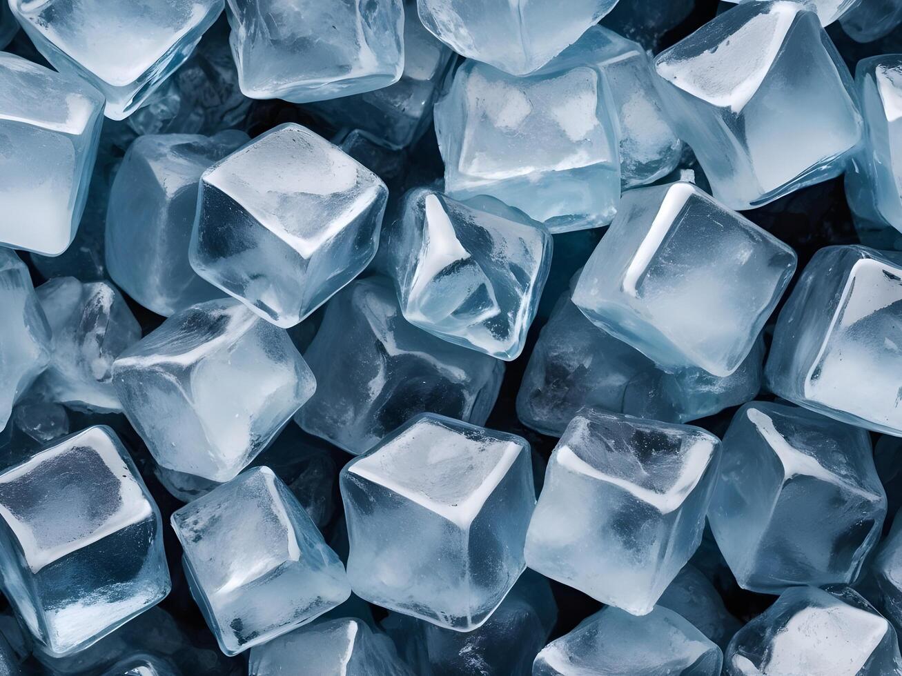 A clear close-up of uneven ice cubes with sharp, jagged edges caught in a frozen state. photo