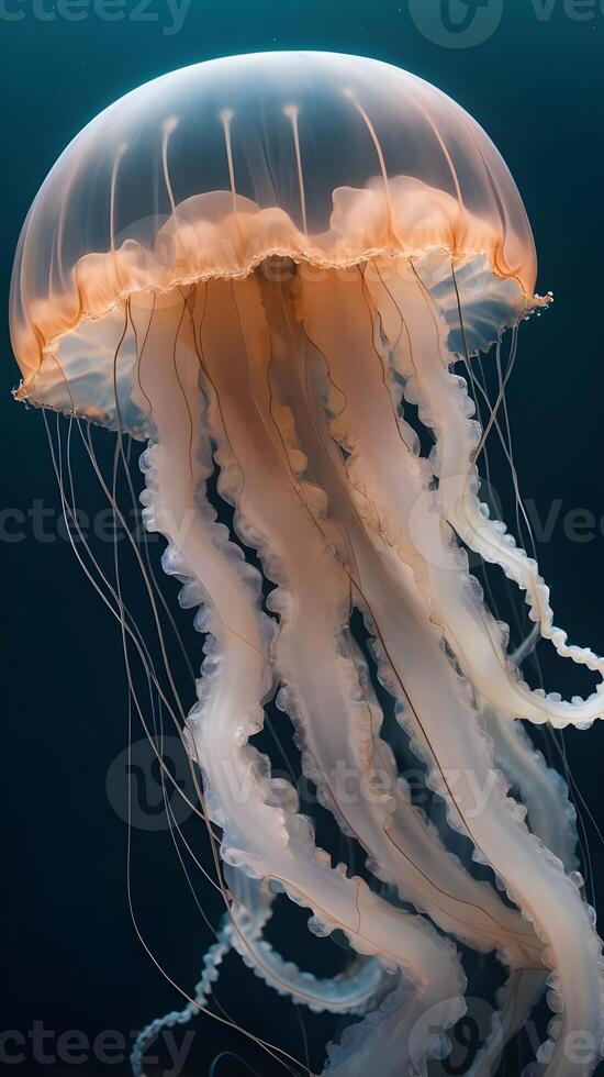A close-up perspective showcasing the fluid, graceful movements of a jellyfishs tentacles. photo