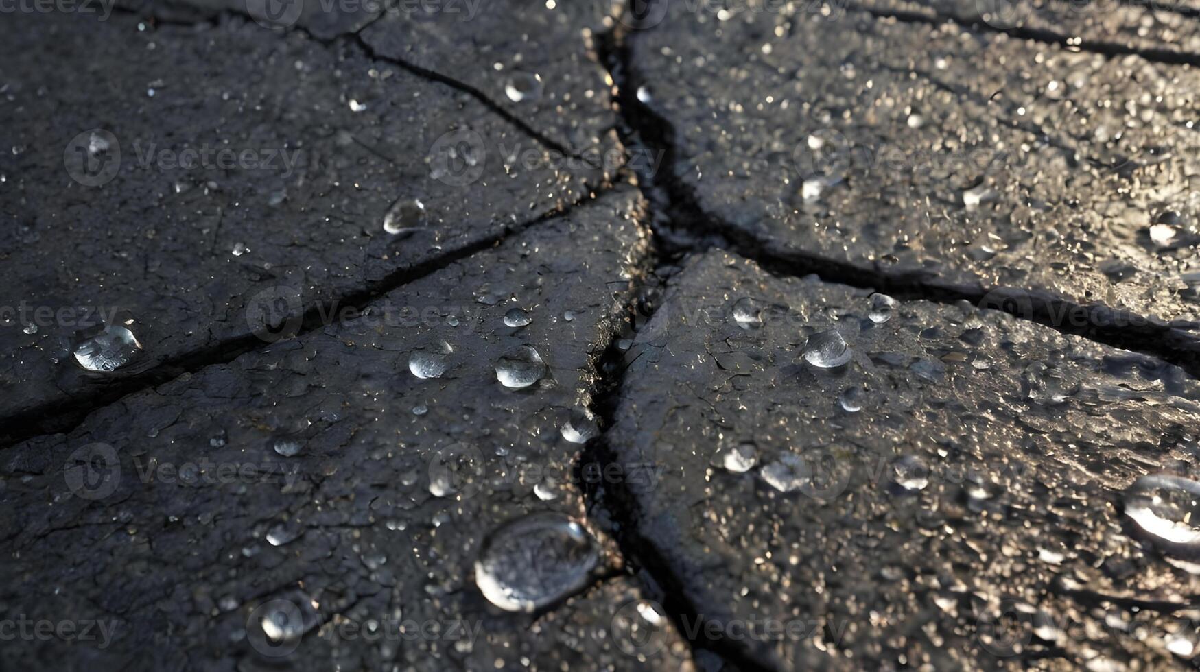 A detailed close-up showing snowflakes melting and blending with the rough texture of asphalt. photo