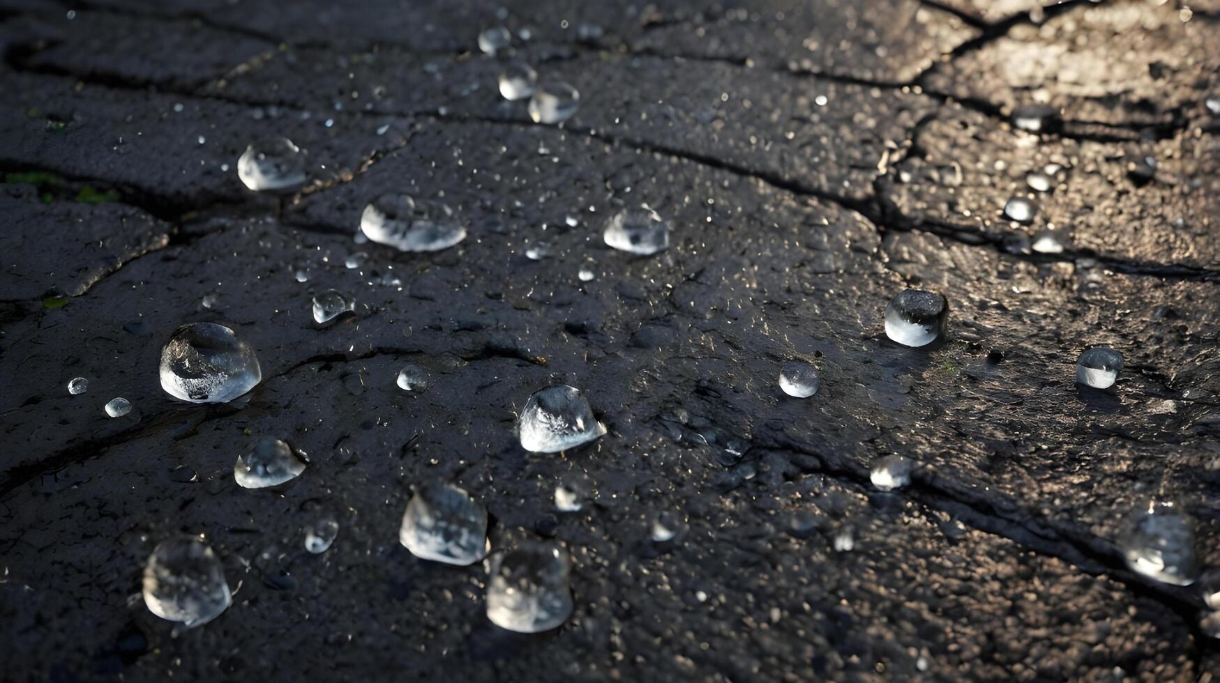 A finely detailed shot of snowflakes melting on a rugged, textured asphalt surface. photo