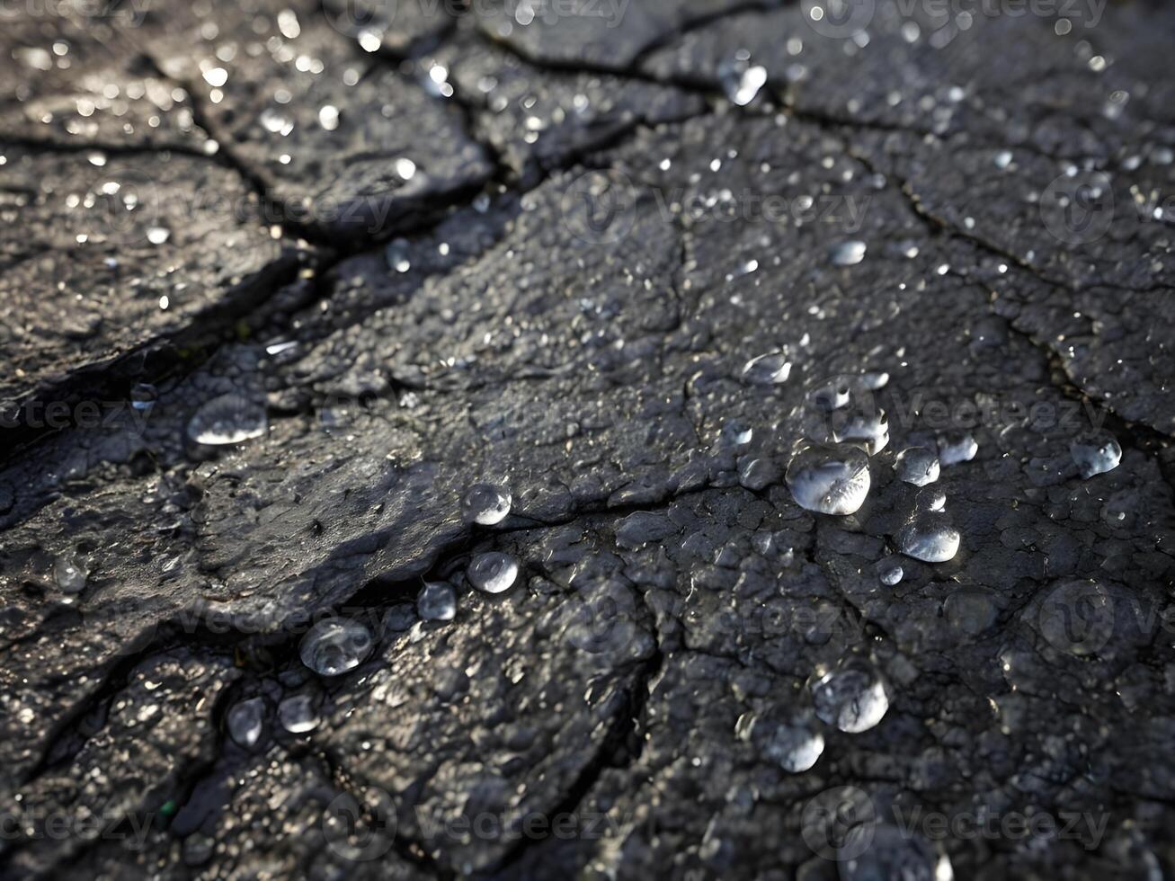 A macro photograph highlighting snowflakes slowly dissolving on an uneven asphalt surface. photo