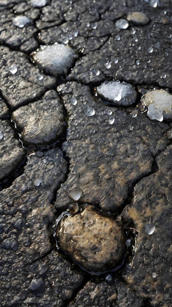 A high-definition close-up of snowflakes melting over the rugged texture of asphalt. photo