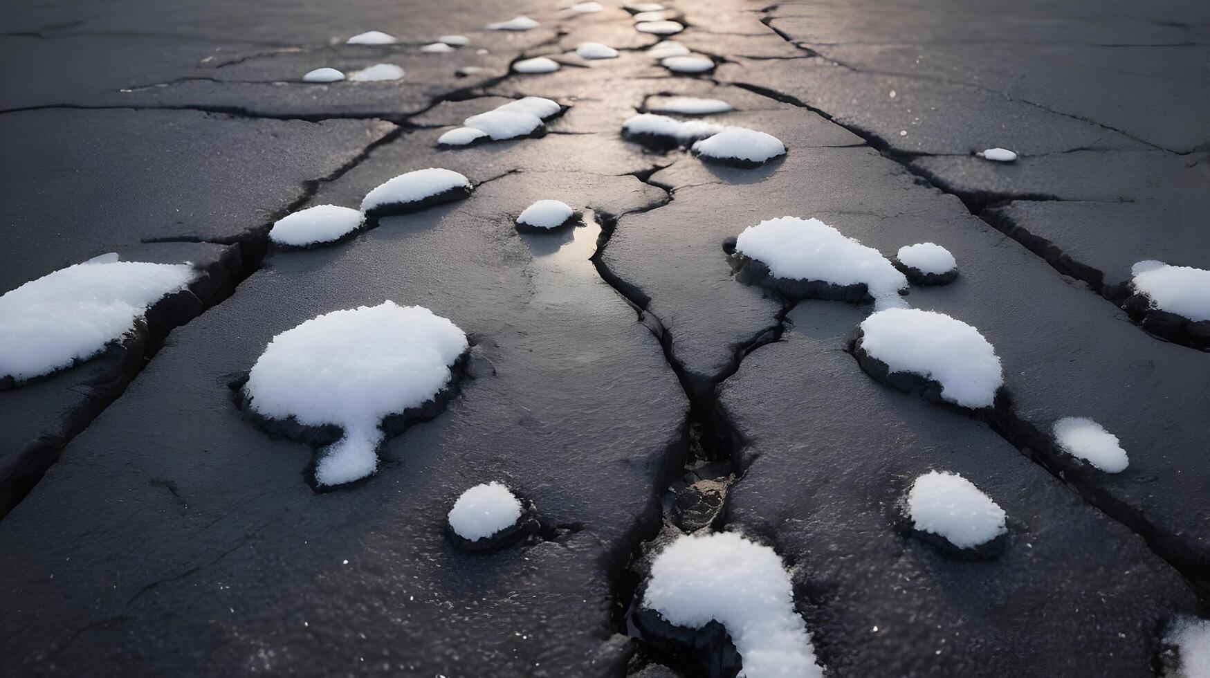 A close-up shot of melting snowflakes with the rough texture of asphalt beneath them. photo