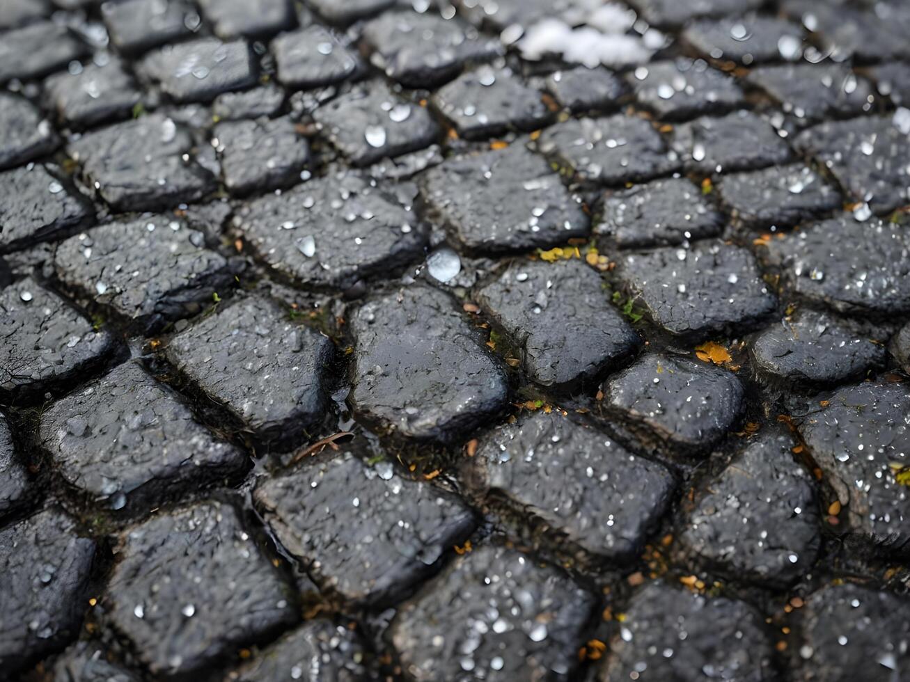 A sharp close-up of snowflakes melting into water drops on rough, coarse asphalt. photo