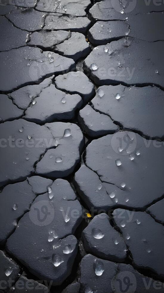 A crisp, high-resolution image capturing melting snowflakes on a textured, weathered asphalt road. photo