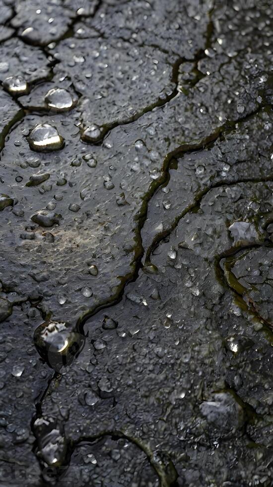 A detailed macro shot of delicate snowflakes fading away over a rough asphalt surface. photo