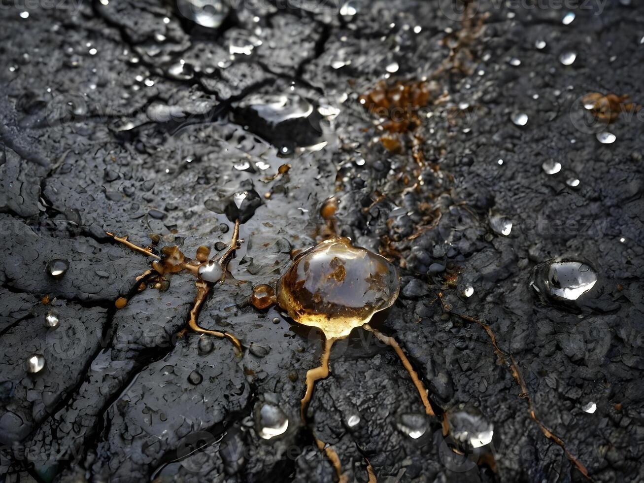 A high-definition photograph showing the transition of snowflakes melting over rough asphalt. photo