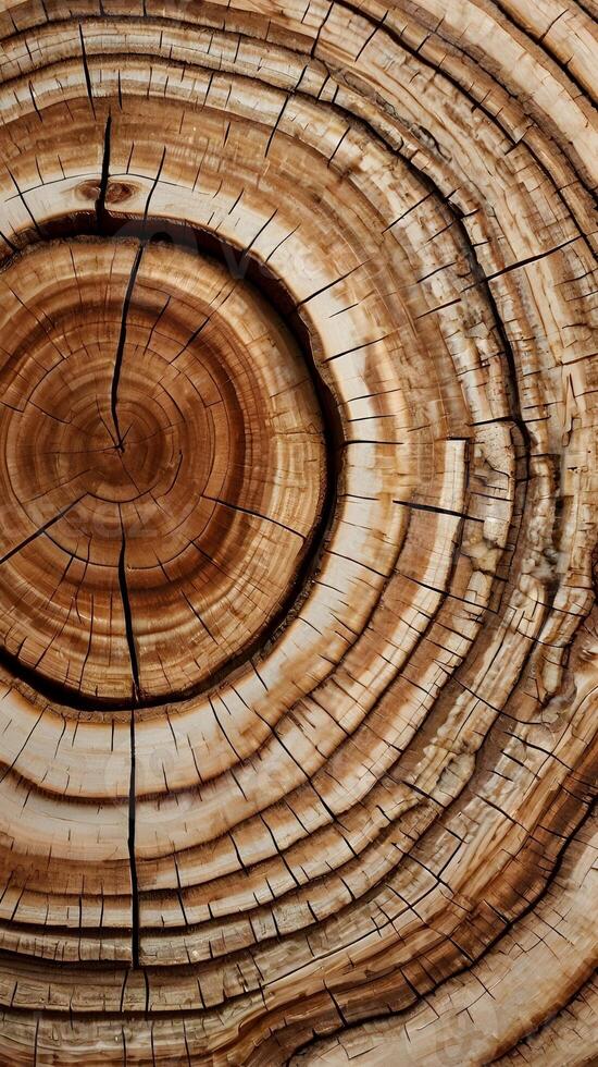 A sharp, detailed shot of tree rings, revealing the growth lines and intricate wood fibers. photo