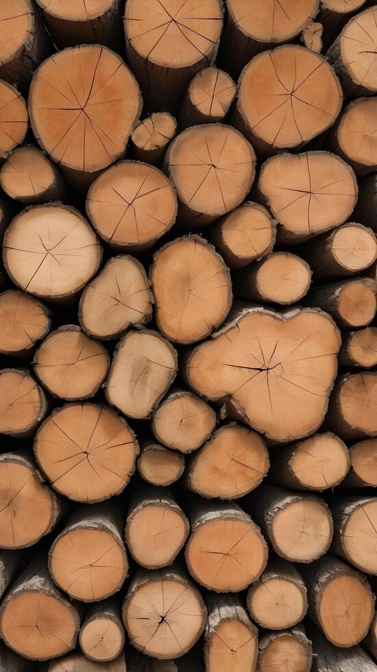 A finely detailed shot of split logs highlighting their rugged texture and growth rings. photo