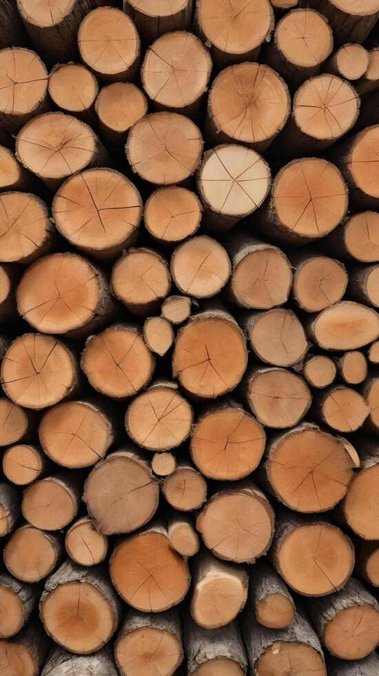 A detailed macro shot highlighting the grain patterns and rugged bark of firewood. photo